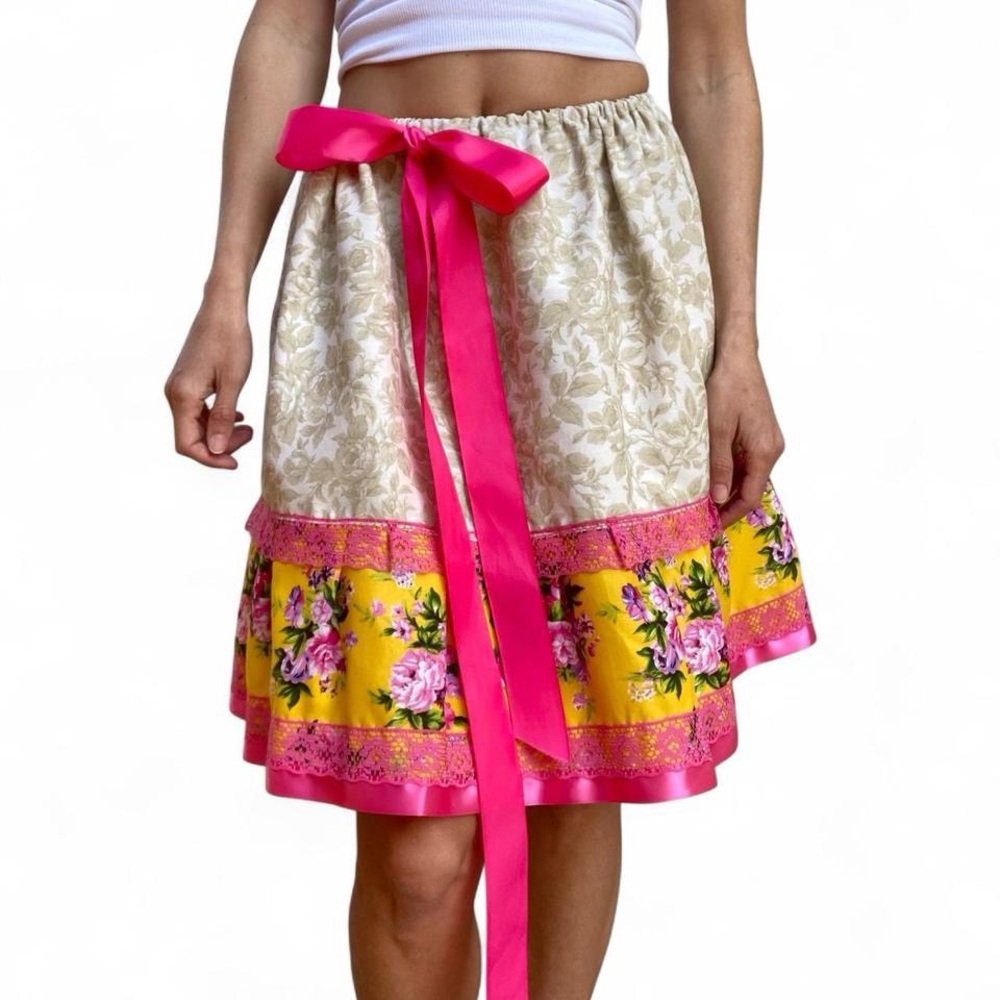 Vintage handmade floral satin bow A-line mini skirt cottagecore prairie